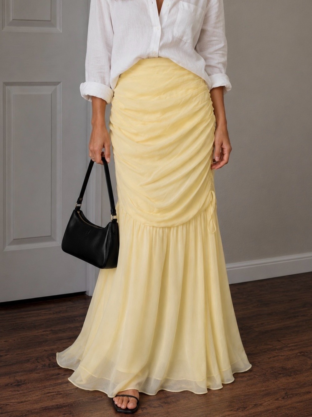NWOT Banana Republic Pale Butter Yellow Draped Elegant Chiffon Maxi Skirt US8